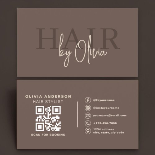 Hair Stylist Modern Brown QR Code Business Card