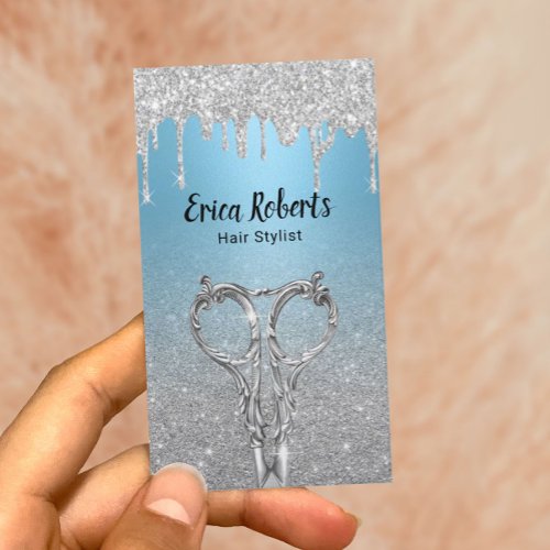 Hair Stylist Modern Drips Silver Glitter Baby Blue Business Card