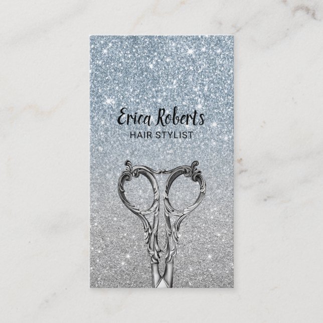 Hair Stylist Modern Dusty Blue & Silver Glitter Business Card (Front)