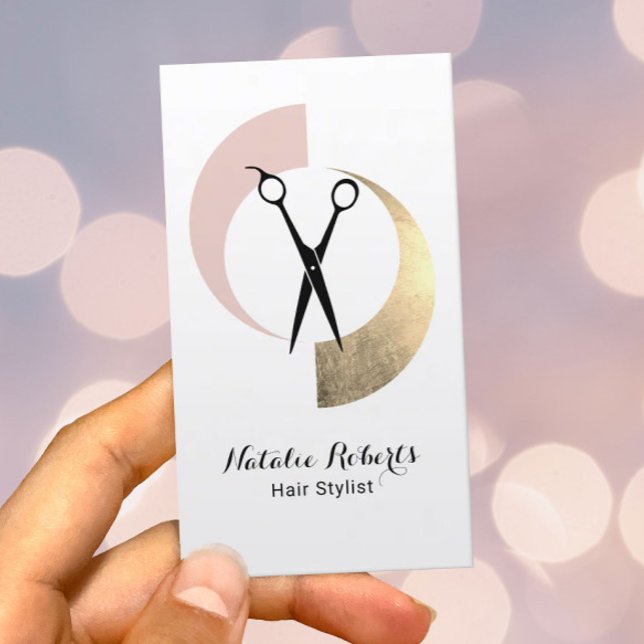 Hair Stylist Modern Gold Blush Pink Scissor Salon Business Card (Creator Uploaded)
