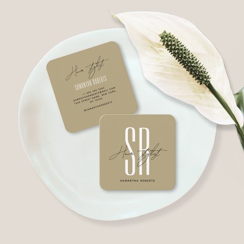 Hair stylist modern gold monogram initials square square business card