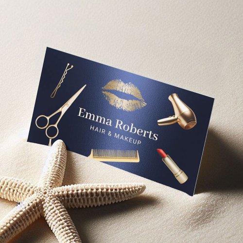 Hair Stylist Modern Gold  Navy Blue Beauty Salon Business Card