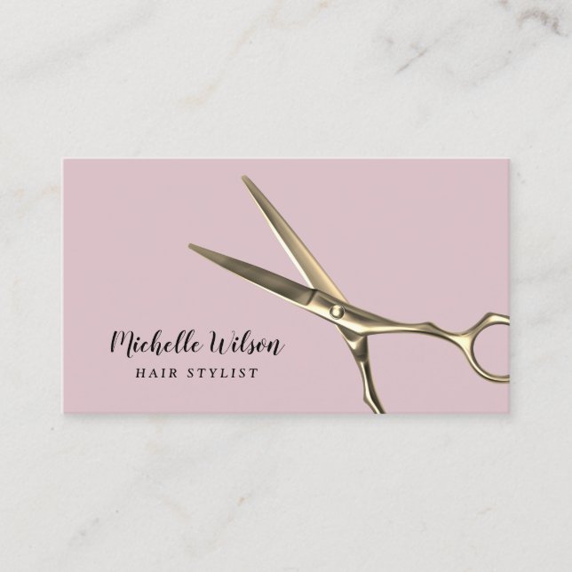 Hair Stylist Modern Gold Scissor Blush Pink Salon Business Card (Front)