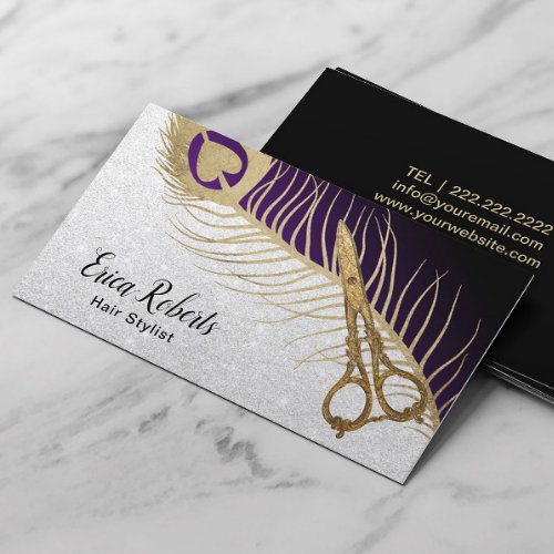 Hair Stylist Modern Gold Scissor  Peacock Feather Business Card