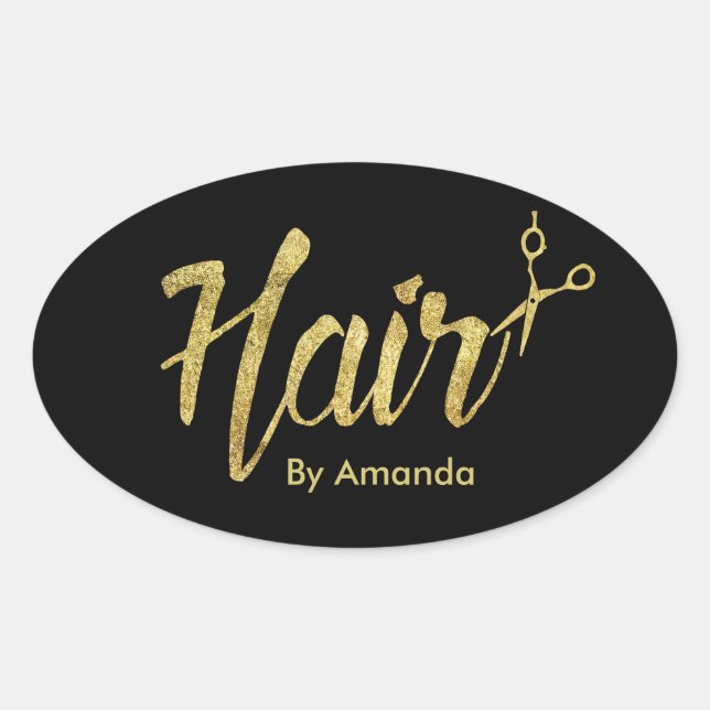 Hair Stylist Modern Gold Script & Scissor Oval Sticker (Front)