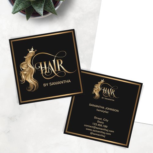 Hair stylist modern gold typography hair extension square business card