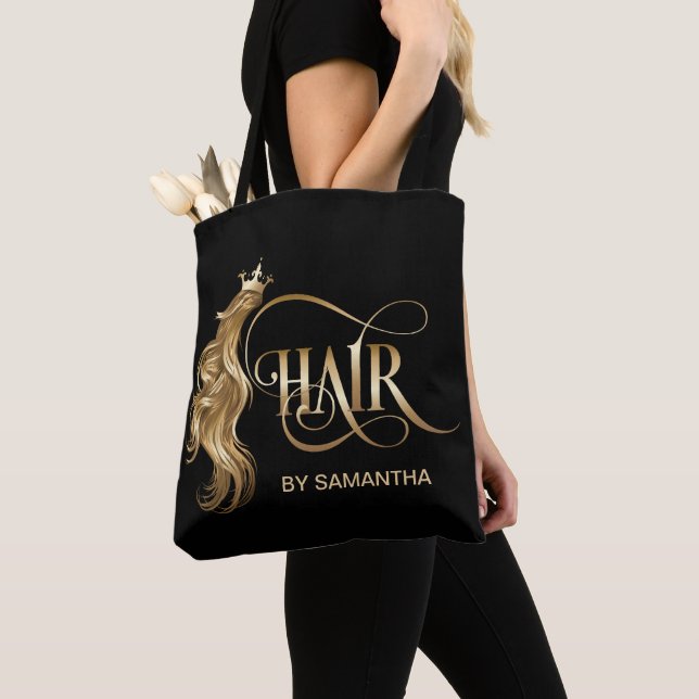 Hair stylist modern gold typography hair extension tote bag (Close Up)
