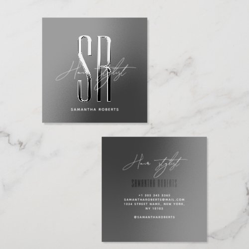 Hair stylist modern gray black monogram initials raised spot UV business card