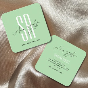 Hair stylist modern mint monogram initials square business card