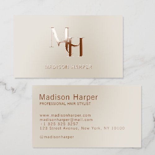 Hair stylist modern monogram initials beige brown raised spot UV business card