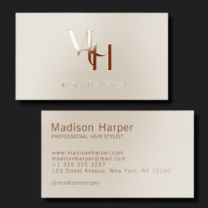 Hair stylist modern monogram initials beige brown raised spot UV business card