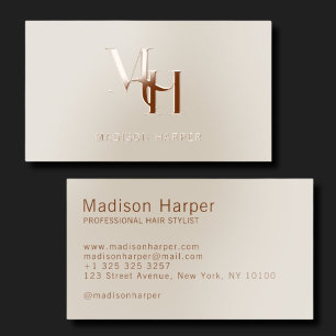 Hair stylist modern monogram initials beige brown raised spot UV business card