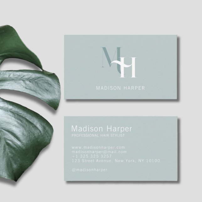 Hair stylist modern monogram initials blue business card (Creator Uploaded)