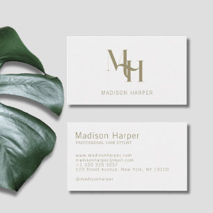 Hair stylist modern monogram initials off white business card