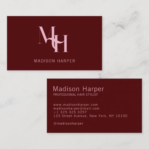 Hair stylist modern monogram initials red pink business card