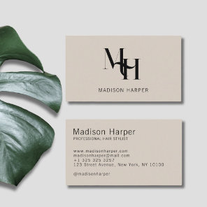 Hair stylist modern monogram initials tan business card