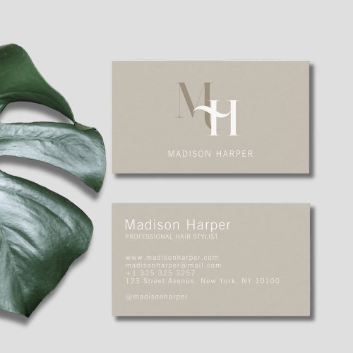 Hair stylist modern monogram initials taupe business card