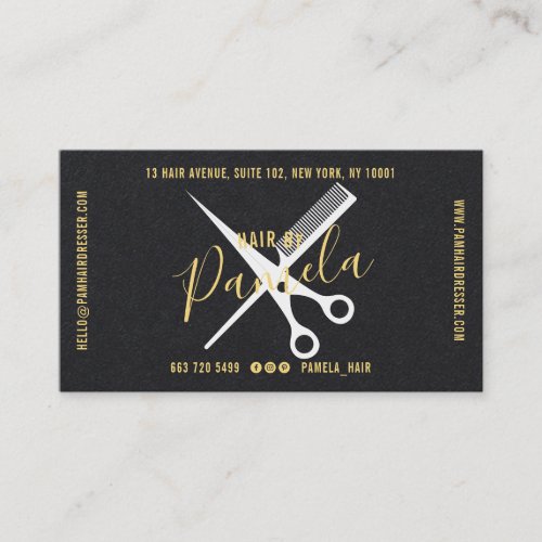 Hair stylist modern name gold black scissor kraft business card