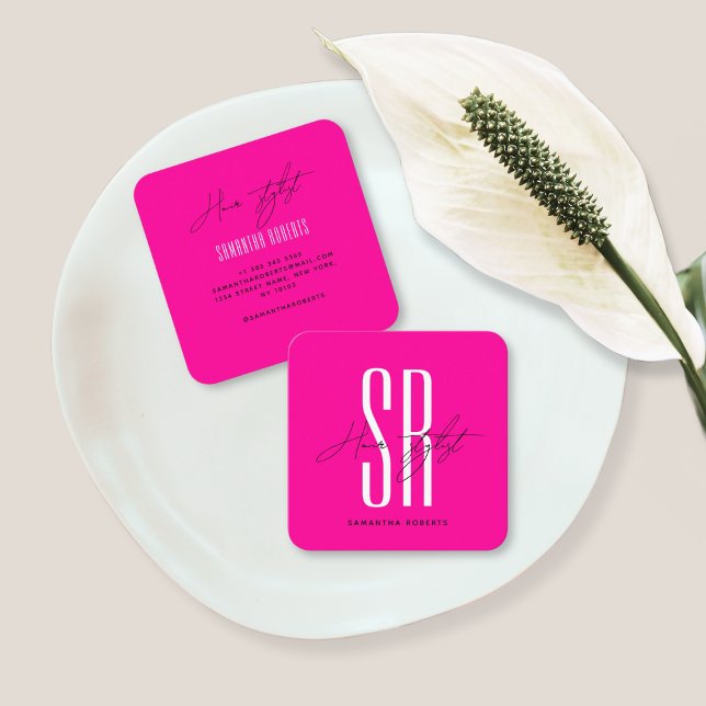 Hair stylist modern neon pink monogram initials square business card (Creator Uploaded)