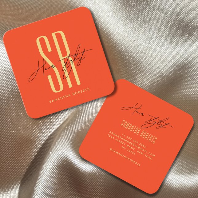 Hair stylist modern orange monogram initials  square business card (Creator Uploaded)