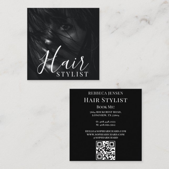 Hair stylist modern photo QR Code Square Business Card (Front/Back)