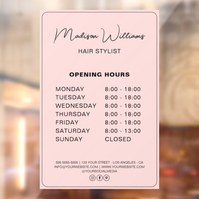 Hair Stylist Modern Pink Opening Hours Window Cling (Sheet 2)