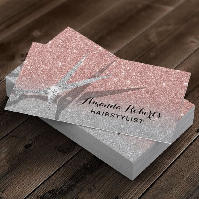 Hair Stylist Modern Rose Gold Silver Glitter Salon Business Card (Creator Uploaded)