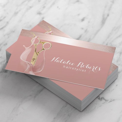 Hair Stylist Modern Rose Gold Splash Gold Scissor Business Card