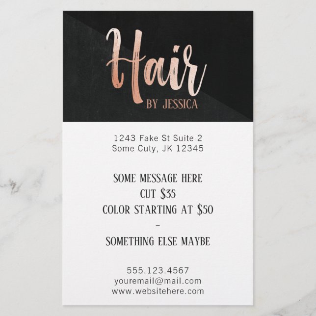 Hair stylist modern rose gold typography black flyer (Front)