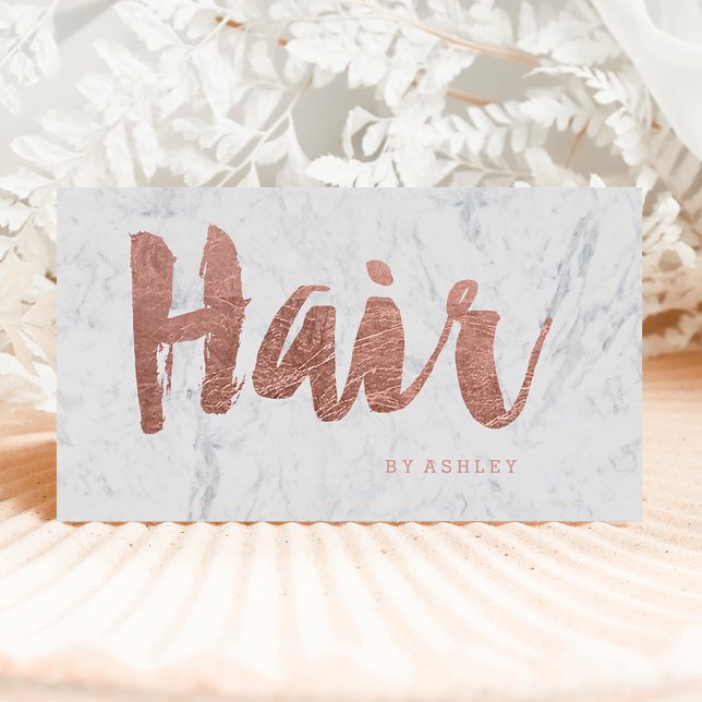 Hair stylist modern rose gold typography marble business card (Creator Uploaded)