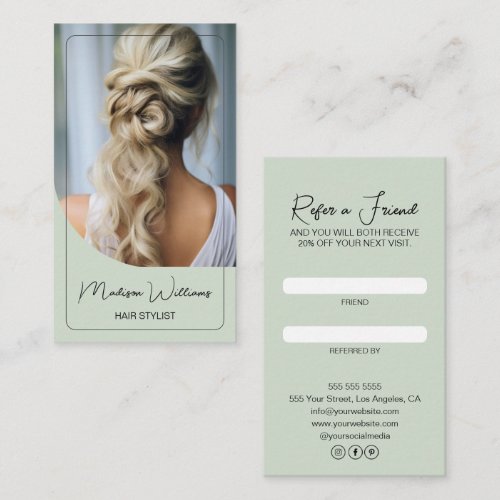 Hair Stylist Modern Sage Green Referral Card