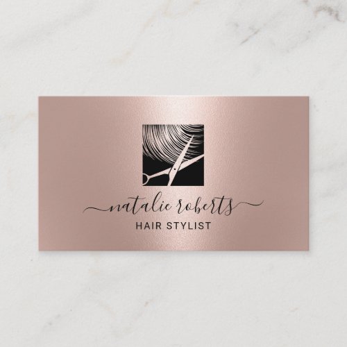 Hair Stylist Modern Scissor Logo Rose Gold Salon Business Card