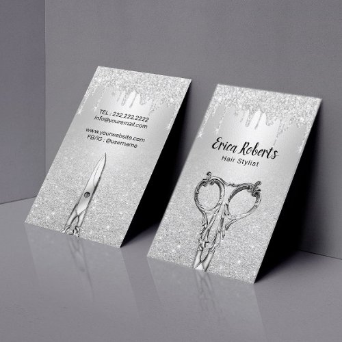 Hair Stylist Modern Silver Glitter Drips Salon Business Card