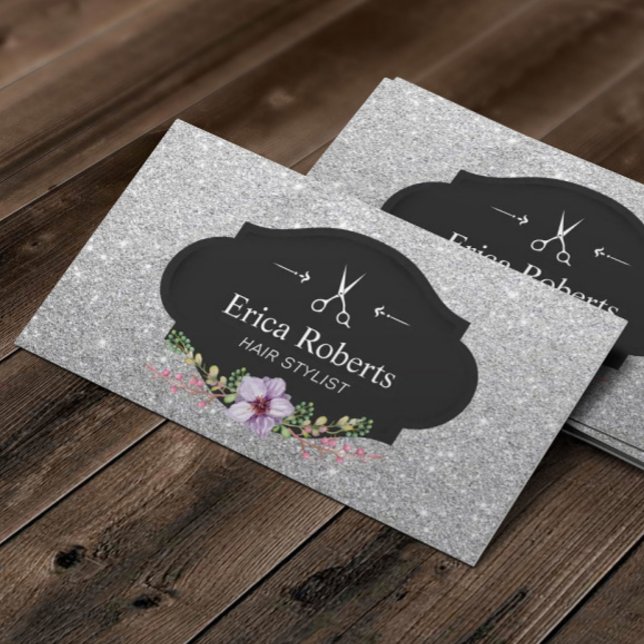 Hair Stylist Modern Silver Glitter Hair Slon Business Card (Creator Uploaded)