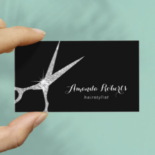 Hair Stylist Modern Silver Glitter Scissor Salon Business Card