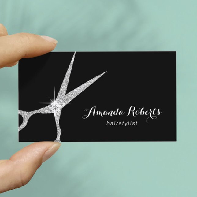 Hair Stylist Modern Silver Glitter Scissor Salon Business Card (Creator Uploaded)