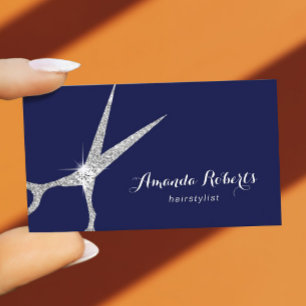 Hair Stylist Modern Silver Scissor Salon Navy Blue Business Card