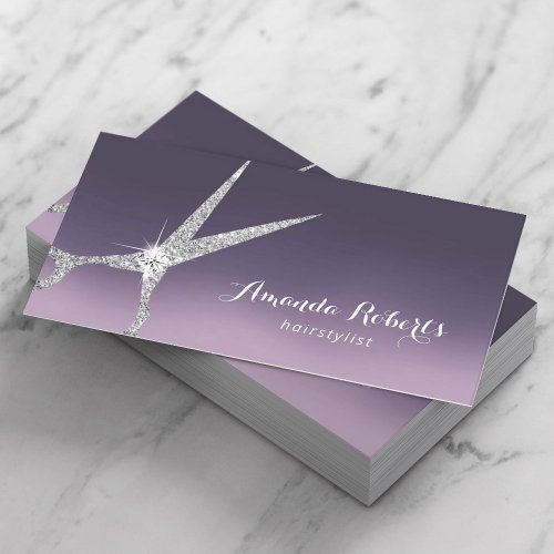 Hair Stylist Modern Silver Scissor Salon Purple Business Card