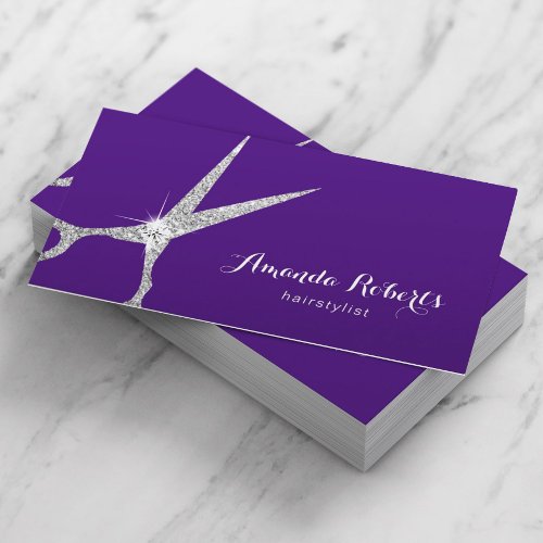 Hair Stylist Modern Silver Scissor Salon Purple Business Card