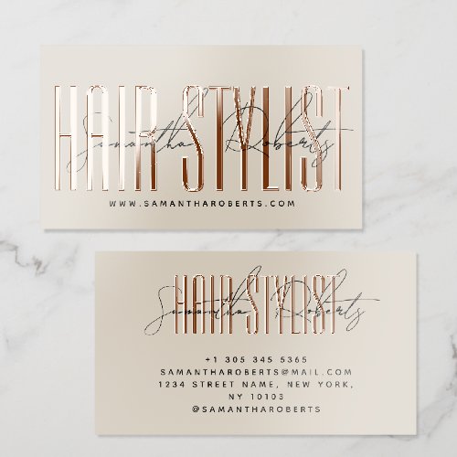 Hair stylist modern typography script beige brown raised spot UV business card