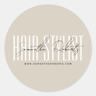 Hair stylist modern typography script beige classic round sticker