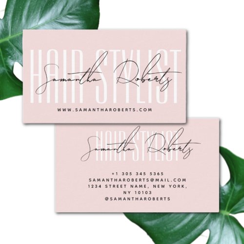 Hair stylist modern typography script blush pink business card