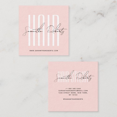 Hair stylist modern typography script blush pink square business card