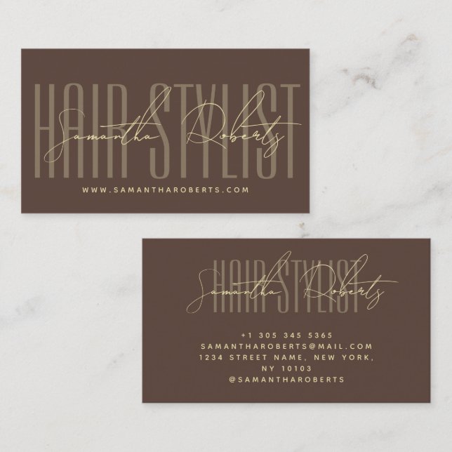 Hair stylist modern typography script brown business card (Front/Back)