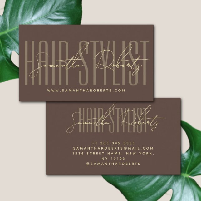 Hair stylist modern typography script brown business card (Creator Uploaded)