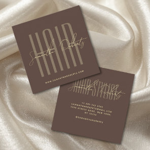 Hair stylist modern typography script brown square business card