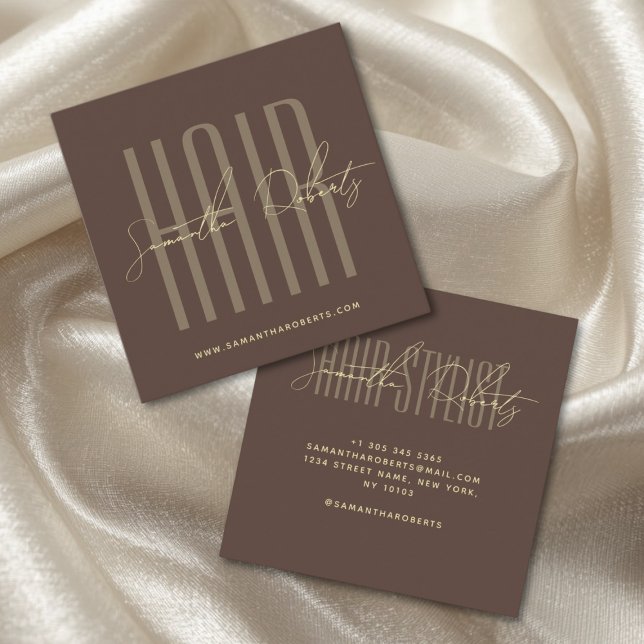 Hair stylist modern typography script brown square business card (Creator Uploaded)