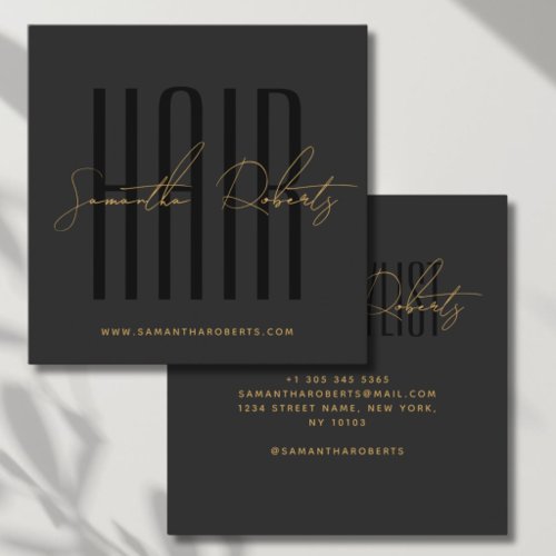 Hair stylist modern typography script gray black square business card
