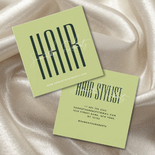 Hair stylist modern typography script green square business card