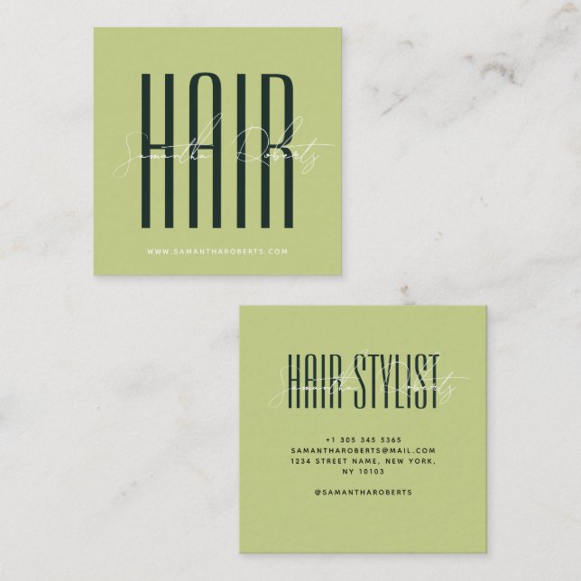 Hair stylist modern typography script green square business card (Front/Back)